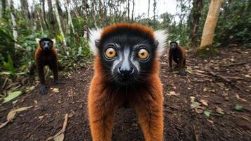 Lemurs explore lush forest habitat in Madagascar during daytime, showcasing their curious nature and vibrant fur patterns photo