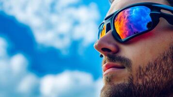 Bright reflections on the sunglasses of a young man enjoying a sunny day with vibrant clouds above photo