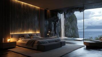 Serene bedroom retreat overlooking a cascading waterfall and tranquil ocean at dusk photo