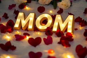 Celebrating love with illuminated letters and rose petals to honor mothers during a special occasion photo