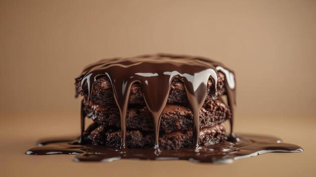 Decadent layers of chocolate cookies ooze rich fudge sauce in a warm and inviting dessert setting photo