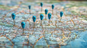 Exploring locations marked with pins on a detailed map in a close-up view, showcasing various destinations and routes photo