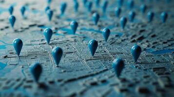 Multiple blue location pins scattered on a detailed city map in an urban setting during daylight hours photo