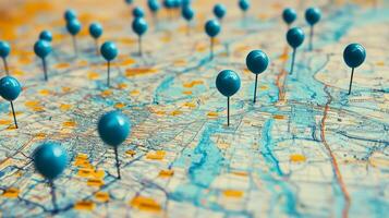 Exploring locations with blue map pins on a detailed geographical map photo