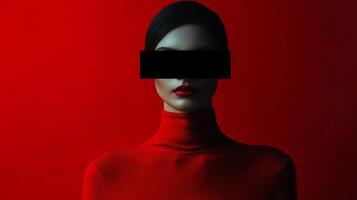 Mysterious figure in a red turtleneck against a vibrant red background creates striking visual impact photo
