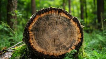 Detailed view of a freshly cut tree stump in a vibrant green forest during daylight hours photo