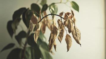 Dry leaves on a houseplant in dim light create a somber atmosphere in a cozy room setting during autumn photo