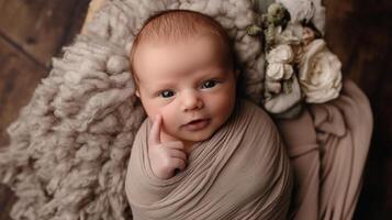 Newborn baby nestled in soft blanket with gentle expression and finger pointing in a cozy indoor setting photo