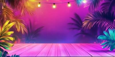 Colorful tropical backdrop with lights and palm leaves creates a lively atmosphere for summer celebrations and events photo