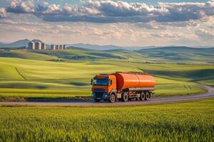 Large orange tanker truck travels along winding road through green fields under a blue sky filled with clouds photo