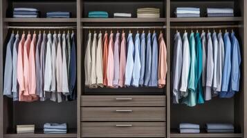 Neatly organized clothing in a modern wardrobe with shirts and folded items in a stylish setting photo