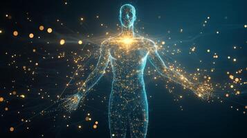 Ethereal figure emerges from particles of light in a cosmic landscape, embodying energy and connection in a digital universe photo