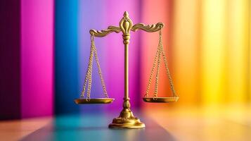 Symbol of justice balanced delicately against a vibrant backdrop of colors in a serene and thought-provoking arrangement photo