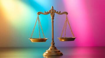 Golden scales of justice illuminate vibrant colors while balancing truth and fairness in a serene setting photo