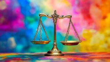 Balance and justice portrayed through a vintage scale against a colorful abstract background inspiring contemplation photo