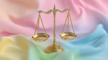 Balancing justice on a soft pastel backdrop with golden scales of equity reflecting harmony and fairness in a peaceful setting photo