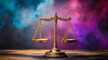 Symbol of justice balancing on a colorful background evokes thoughts on fairness and equity in society photo