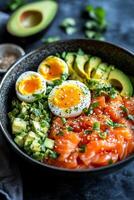 Delicious salmon bowl featuring soft boiled eggs and avocado bursting with color for a nutritious meal photo
