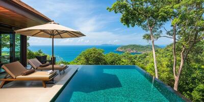 Luxurious infinity pool retreat bathed in sunlight and surrounded by tropical beauty ideal for relaxation and escape photo
