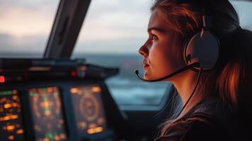 Young female pilot navigates cockpit instruments at sunset, embodying dedication and professionalism in aviation photo