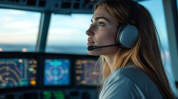 Focused female pilot expertly navigating the skies from the cockpit during a clear day flight photo