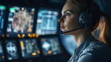Focused female pilot navigating a high-tech cockpit with precision and skill photo