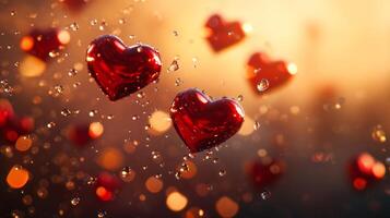 Floating red hearts glimmering with droplets create a dreamy atmosphere celebrating love and affection in a romantic setting photo