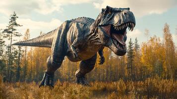 Dinosaur roams through a vibrant forest, showcasing power and majesty in a prehistoric landscape at dusk photo