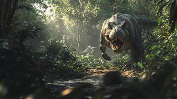 Dinosaur roams through a dense jungle, showcasing vibrant foliage and a mysterious, prehistoric atmosphere at dawn photo
