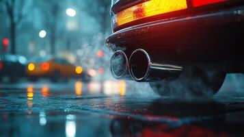 Smoky city streets come alive with a stylish car at night in a vibrant urban setting photo
