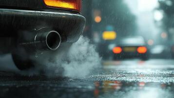 Rainy city streets awaken with fresh aromas as cars glide gently through the downpour, creating mesmerizing reflections on wet pavement photo