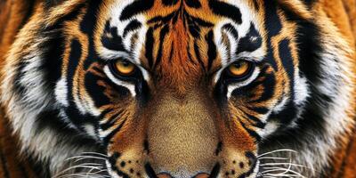 Striking gaze of a majestic tiger captivating the wilderness at sunset with vibrant fur and piercing eyes photo