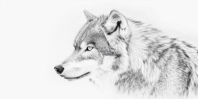 Striking wolf portrait in intricate pencil shading captures the essence of the wild in a serene, minimalist composition photo