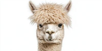 Charming alpaca with fluffy fur stands confidently under soft lighting in a serene and natural setting at dusk photo