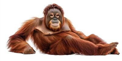 Orangutan lounging comfortably in a serene environment showcasing its majestic fur and playful demeanor photo