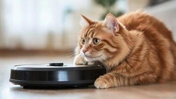 Curious orange cat observes a robotic vacuum while lounging in a cozy living room on a sunny afternoon photo