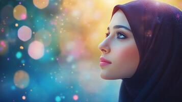 Enchanting gaze of a young woman wearing a hijab against a backdrop of shimmering lights at twilight photo