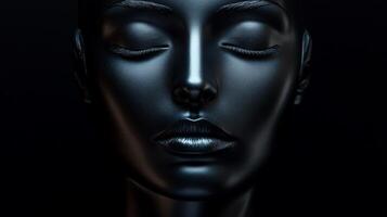 Black mannequin head with closed eyes in artistic lighting showcasing features and textures photo