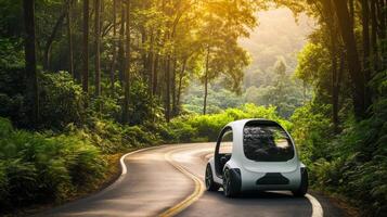 Electric vehicle navigating a forest road during golden hour with lush greenery surrounding photo
