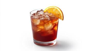 Refreshing iced beverage with orange slice served in glass filled with ice during a summer afternoon photo