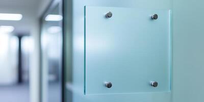 Office door sign made of frosted glass mounted with metal standoffs in a modern workspace during daylight hours photo