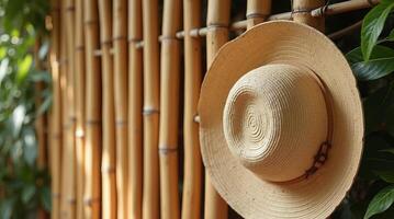 Straw hat hanging on a bamboo fence with green foliage in the background on a sunny day photo