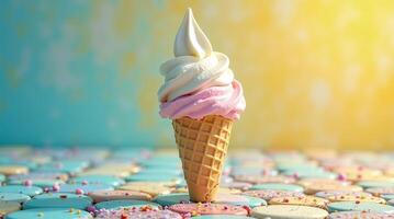 Ice Cream Cone with Vanilla and Strawberry Swirl on a Patterned Surface photo