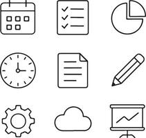 Office and Productivity Tools Icons, 3x3 Minimal Line Art Grid vector