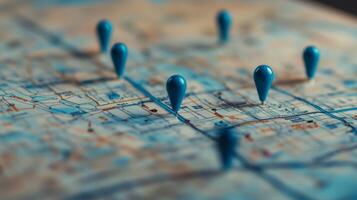 Markers pinpointed on a city map indicating various locations for navigation and exploration photo