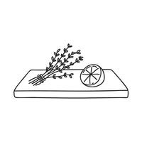 A thyme bunch resting beside lemon slices on a kitchen counter vector