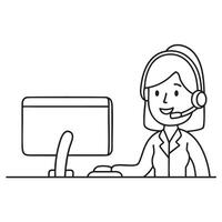 A telemarketer wearing a headset beside a computer monitor vector