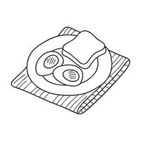 A toast beside boiled egg in plate on a napkin vector