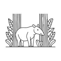 A tapir hiding behind tree trunks in a rainforest scene vector