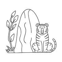 A tiger sitting beside a rock formation in a forest vector